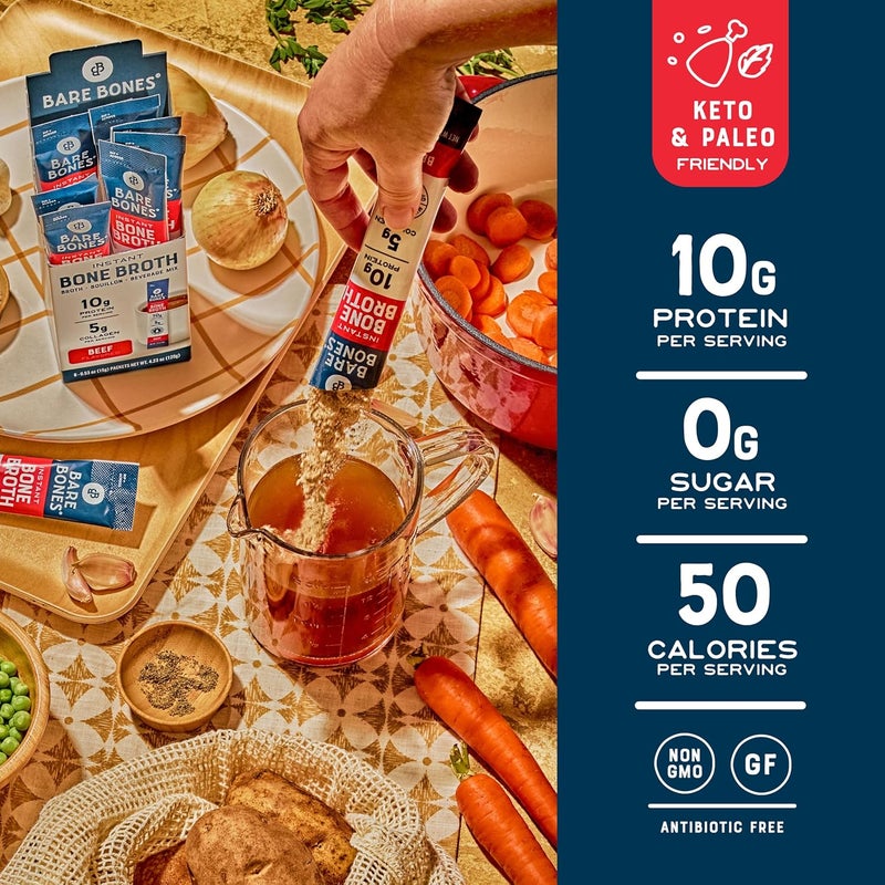 Bare Bones Beef Bone Broth Instant Powdered Mix | Rich Savory Packets on-the-Go No Artificial Flavors | 100% Grass Fed Keto & Paleo Friendly | 10g Protein | 4 Pack - Image 4